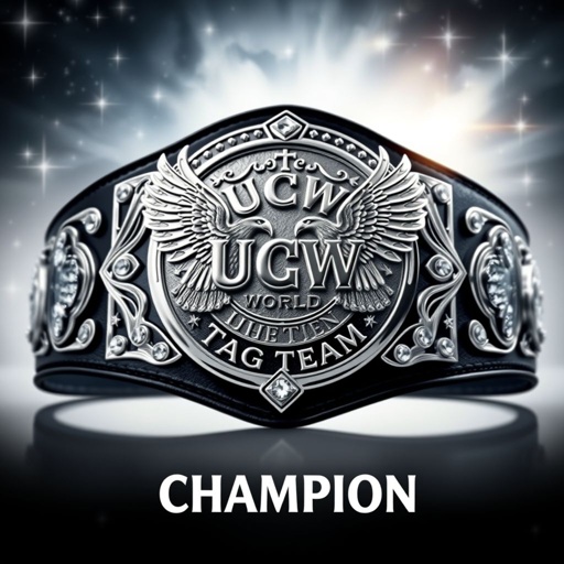 A majestic wrestling belt, UCW WORLD TAG TEAM CHAMPION emblazoned boldly. A lustrous silver circular plate adorned with intricate engravings, featuring two powerful eagles soaring majestically. An elegant black leather strap, embellished with shimmering rhinestone gemstones. Stars twinkling in the background, abstract art style enhancing the dramatic scene. Champion text prominently displayed.