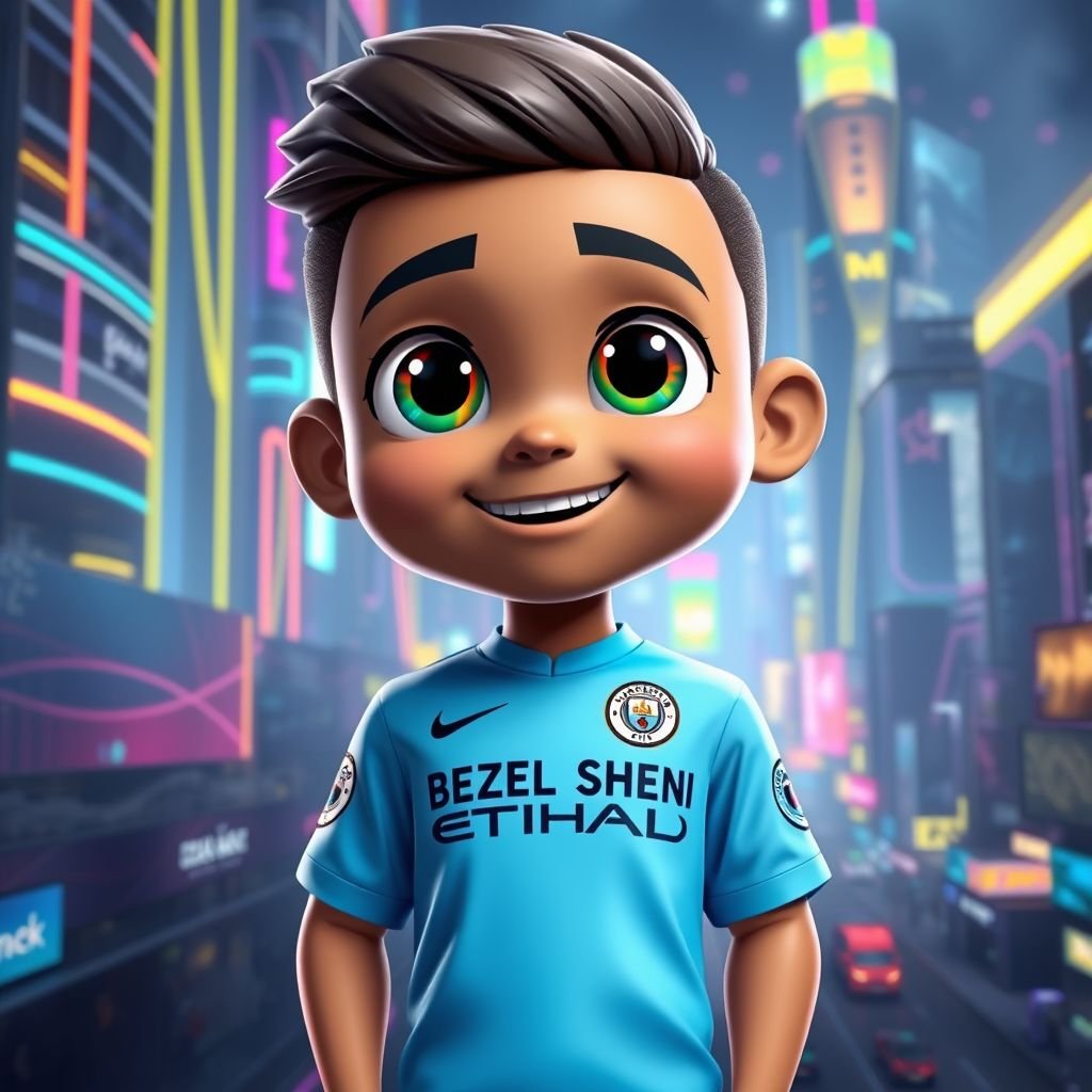 A vibrant cartoon character clad in a blue Manchester City shirt, emblazoned with the name "BEZEL SHENI." The character, with large expressive eyes and a friendly smile, stands confidently. Surrounding a futuristic cityscape, neon lights glow, digital skyscrapers rise, and colorful holograms dance, capturing a lively virtual reality atmosphere.