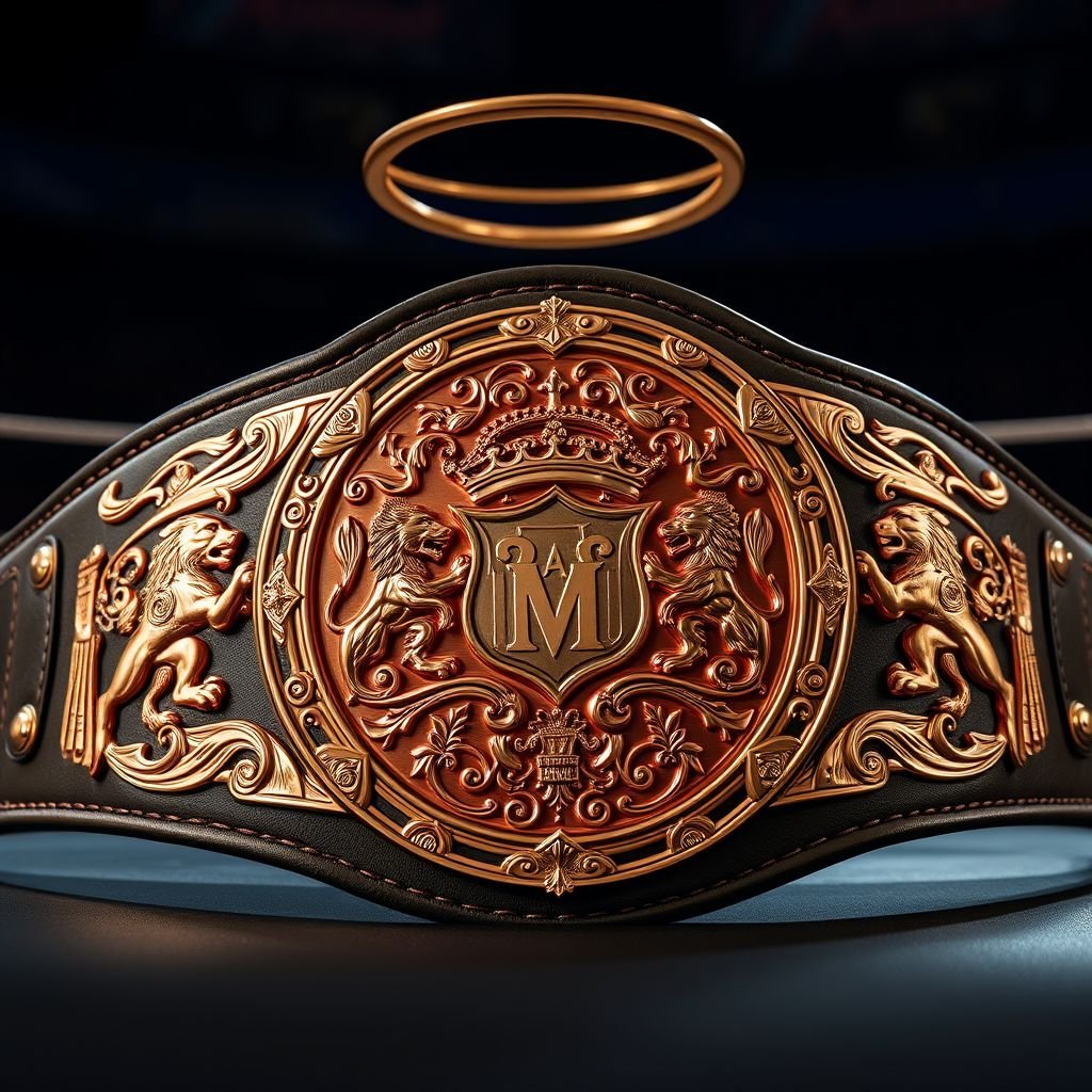 A wrestling belt, adorned with a halo, symbolizes divinity in the ring. Crafted from supple leather, it showcases an exquisitely engraved circular plate. Gleaming rose gold reflects light, capturing attention. Majestic lion crests and ornate symbols embellish the design, radiating strength and honor. An emblem of glory, large and impressive.