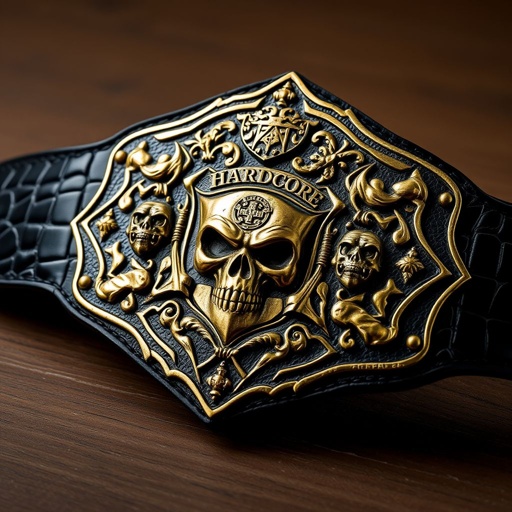 A wrestling belt adorned with alligator skin, featuring a black strap. Craftsmanship reveals a serrated plate shape in a striking gold hue, embodying a gothic art style. Sculpted skull designs embellish the centerpiece, complemented by intricate shield crests and symbols. A true tribute to the Hardcore Champion legacy, raw and fierce.