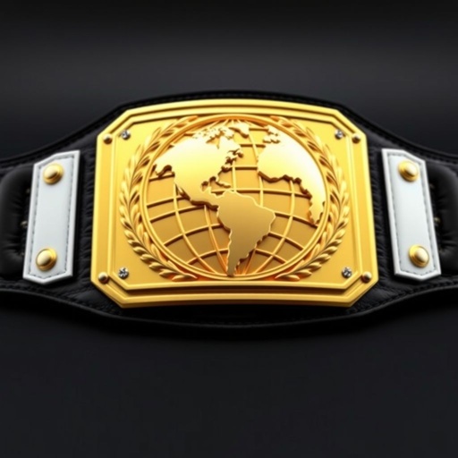 A gleaming outercontinental wrestling belt, crafted from rich black leather, boasting a pristine white strap. The rectangular plate shines with a lustrous gold finish, showcasing an intricately detailed globe champion design. The absence of gemstones highlights its modern elegance, while the oversized proportions emphasize the prestige of championship glory.