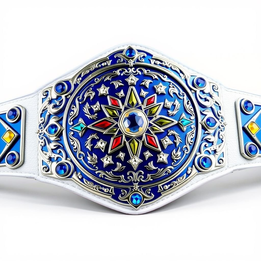 A grand championship wrestling belt, universal in design, features a stunning blue metal main plate on a crisp white leather strap. Intricate engravings and ornate shapes adorn the plate. Multicolored gems—blue, red, white, and yellow—sparkle amidst a field of white stars. Six navy blue side plates, each shining with royal blue metal, add to the grandeur.