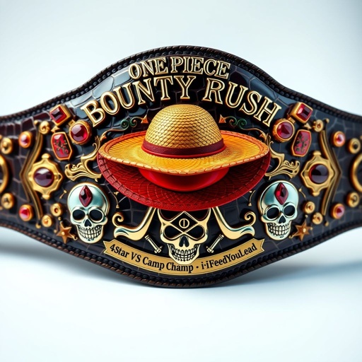 A luxurious wrestling belt, alligator skin texture, gleaming with gold accents. In the center, a vibrant straw hat, emblematic of "One Piece." Above, bold words, “One Piece Bounty Rush.” Below, “4 Star VS Champ iFeedYouLead.” Multicolored plates, surrealist design, adorned with ruby gemstones, intricately shaped skull crests, and symbols.
