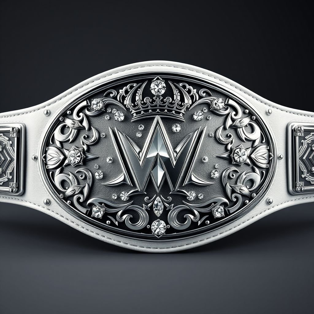 A striking wrestling belt, showcasing a modern plate design in the center, adorned with shimmering silver tones. Encased in a pristine white strap, its oval shape elegantly frames intricate crown crests and symbols. Dazzling diamond gemstones embedded within the plate's surface, a luxurious touch to the adult-sized accessory. Realistic art style.
