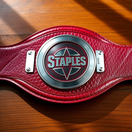 A prominent wrestling belt rests on a polished wooden surface. The belt showcases rich, textured leather, deep red in color. A sleek circular silver plate gleams at the center, intricately detailed with a modern Staples logo. Surrounding, subtle shadows highlight the craftsmanship, capturing the essence of strength and victory.