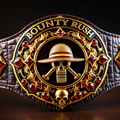 Championship wrestling belt, alligator skin texture, luxurious gold plating. Central straw hat symbol, "One Piece Bounty Rush" elegantly arched above, "4 Star VS Champ iFeedYouLead" proudly below. Star-shaped multi-colored plates, shimmering ruby gemstones embedded. Realistic art style, large composition, intricate skull crests, and symbols adorning the belt, showcasing strength and prestige.