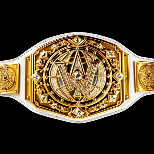 A prestigious wrestling belt, emblematic of the Outercontinental Champion. Luxurious white leather strap, adorned with a bold, rectangular gold plate. Intricate globe champion design, glistening with crystal gemstones. Extra-large, showcasing star crests and symbols. A modern masterpiece in realistic art style, emanating power and championship glory, ready for a champion's waist.