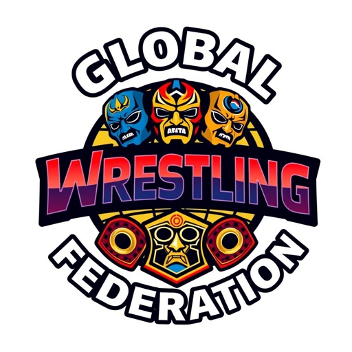 Logo design for the Global Wrestling Federation, a dynamic blend of iconic wrestling elements. Bold typography intertwined with a globe motif, showcasing diverse countries. Vivid colors of red, blue, and gold encapsulating energy and strength. Intricate detailing of wrestling masks and championship belts, symbolizing unity and competition in the ring.