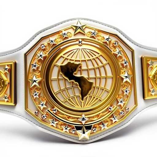 A prestigious wrestling belt, RTR Outercontinental Champion, showcases luxurious leather material. The modern rectangular plate, gleaming gold, features an intricate globe champion design. A pristine white strap contrasts elegantly, adorned with sparkling crystal gemstones. Majestic star crests and symbols embellish the surface, emphasizing the large size and exceptional craftsmanship in a realistic art style.