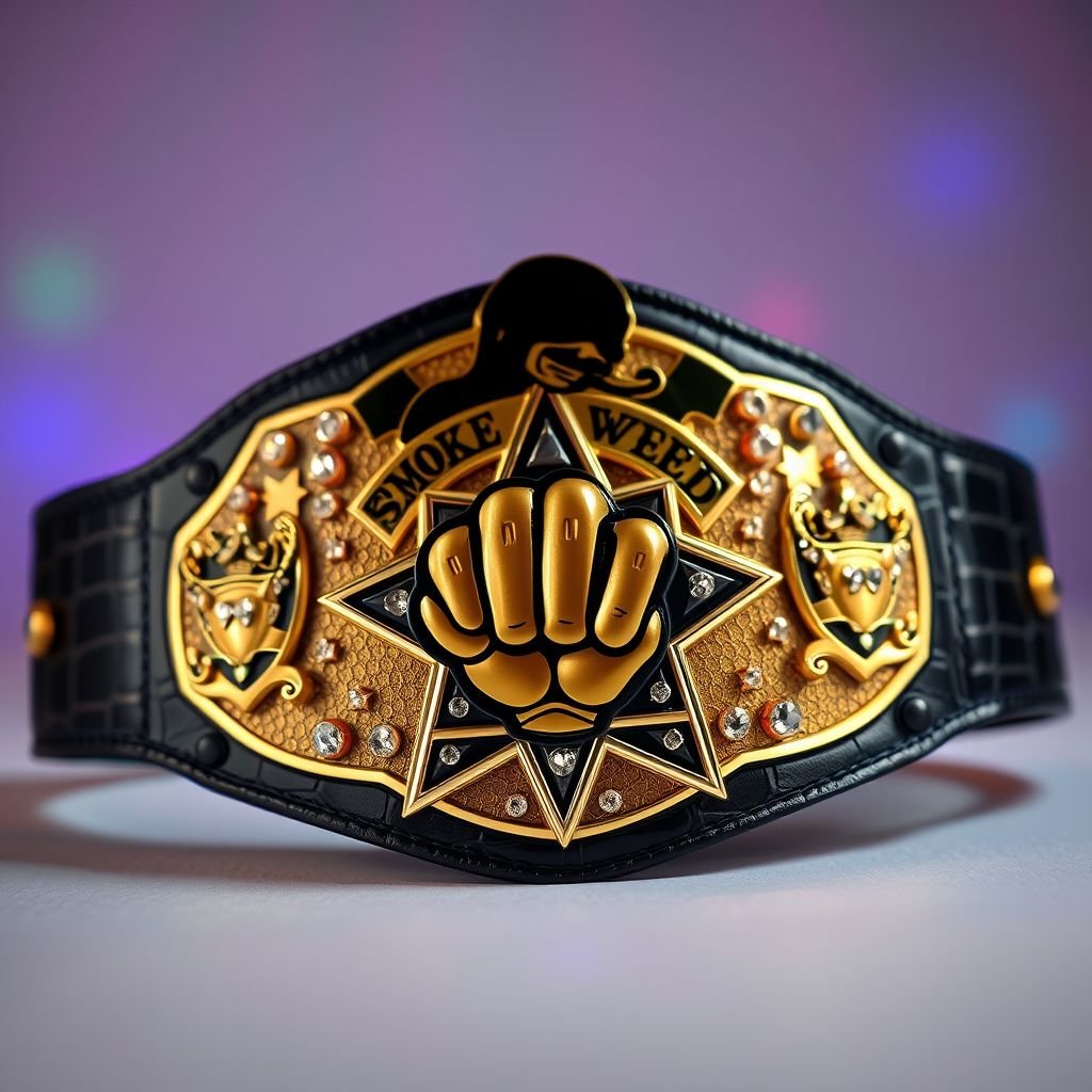 A whimsical wrestling belt, PWPW "Smoke Weed Everyday Championship," adorned with Snoop Dogg’s silhouette. Alligator skin texture gleams under vibrant lights. A vintage plate showcases a cartoonish fist champion design. Black strap contrasts with a star-shaped black plate, embellished with sparkling crystal gemstones. Shield crests and playful symbols complete the extravagant masterpiece.