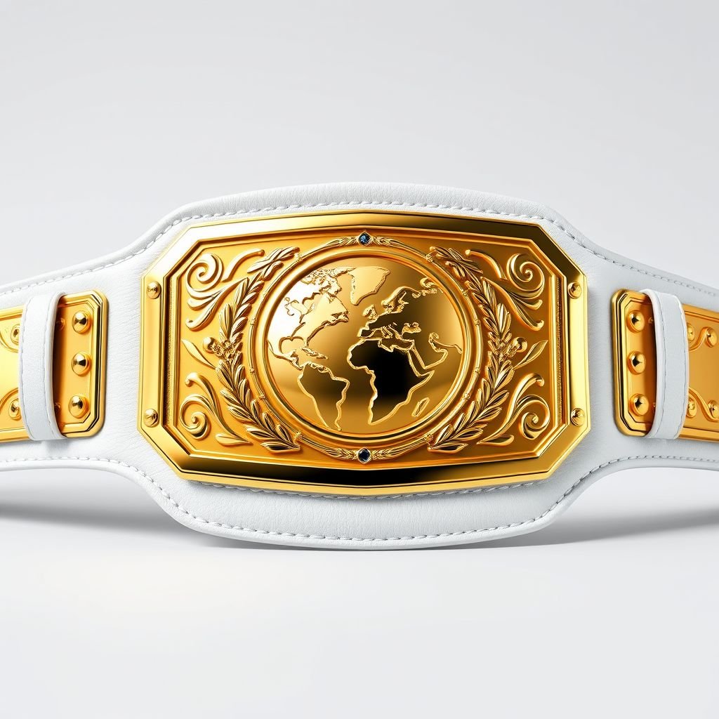 An ornate wrestling championship belt with a glossy gold rectangular plate. The white leather straps are intricately stitched, radiating a modern luxury. The plate features a detailed globe design, symbolizing worldwide recognition. The belt, extra large in size, boasts a sleek, minimalistic aesthetic with no crests or gemstones adorning it.