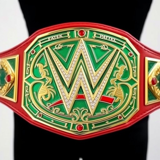 A striking wrestling belt showcasing the WWE Portugal Championship. Leather material exudes luxury, featuring a vivid red strap that contrasts beautifully against modern oval plates. The plates glisten in emerald green, adorned with intricate designs, accented by sparkling ruby gemstones, capturing both elegance and power in one iconic championship piece.