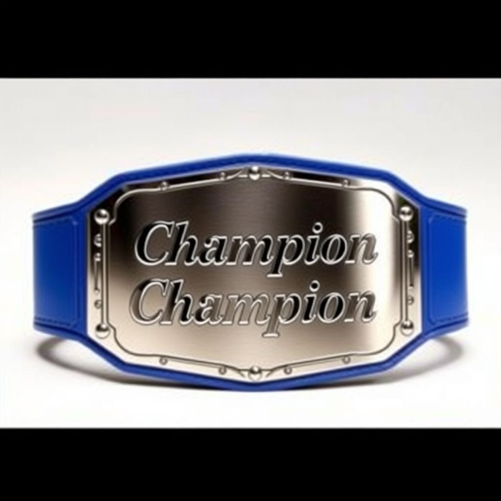 A striking wrestling belt featuring a vibrant blue synthetic strap. A contemporary plate design with sleek, serrated edges glistens in polished silver. The word "Champion" boldly embossed at the center. A realistic art style showcases intricate detailing, emphasizing the belt's adult size. Clean and minimalist with no crests or symbols present.