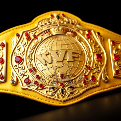 An exquisite wrestling belt, VWF Universal Ultimate Golden Sovereign Championship. An intricate golden plate, lavishly adorned with shimmering red diamonds. Delicate black and red engravings embellish the rich leather strap, a striking yellow hue. A unique plate shape features a globe champion design, crowned with majestic crests and symbols, exuding unyielding prestige.