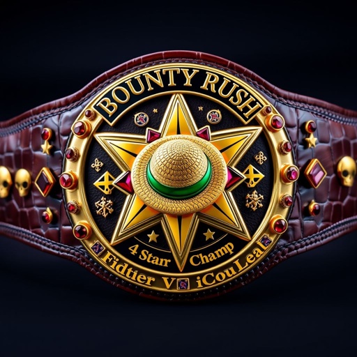 A luxurious alligator skin wrestling belt, elegant gold with a striking multicolor star-shaped plate. At the center, a straw hat, emblematic of "One Piece." Above, the words “One Piece Bounty Rush” boldly displayed, while below, “4 Star VS Champ iFeedYouLead.” Adorned with ruby gemstones, intricate skull crests, and vibrant symbols.