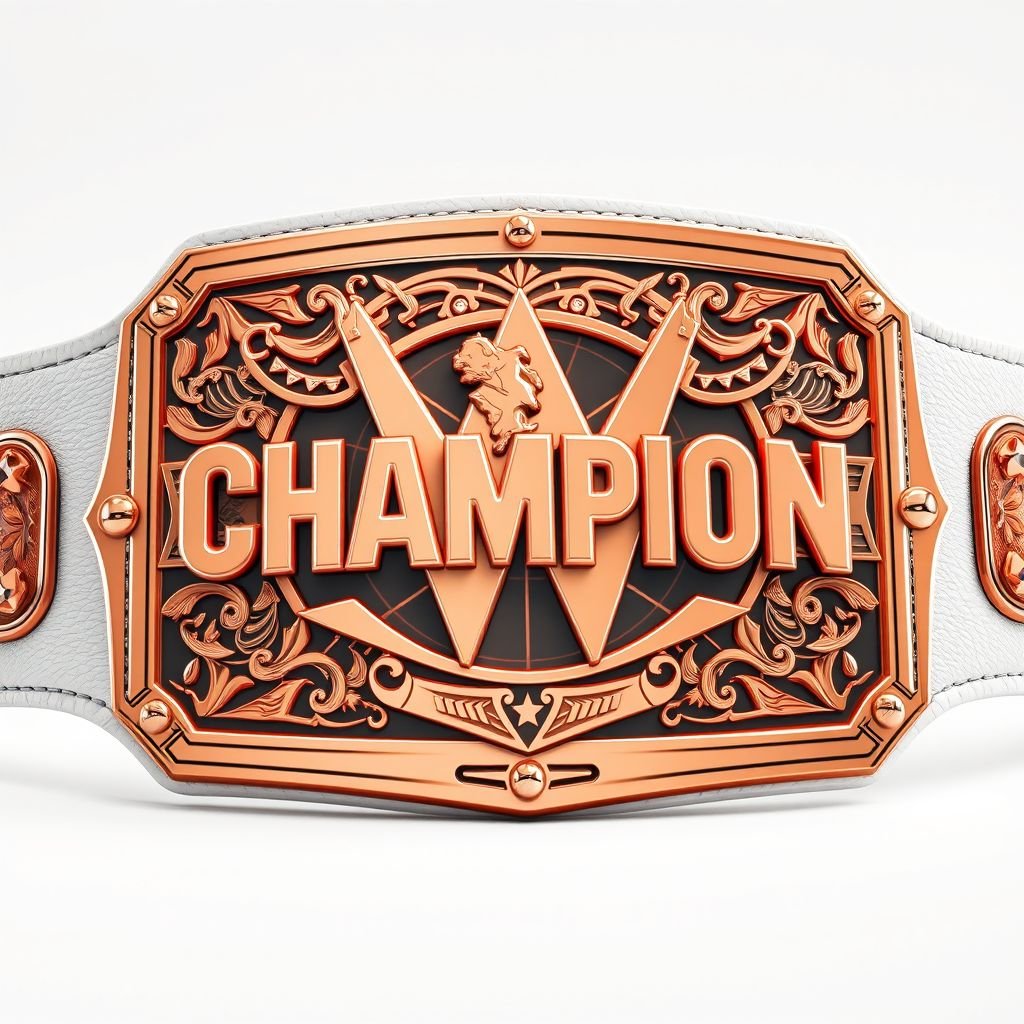 A prestigious wrestling belt, showcasing a modern rectangular plate design in rose gold, vividly gleaming. A rich white leather strap enhances its elegance, emphasizing the smooth texture. Globally themed champion artwork adorns the plate, exuding a sense of triumph. Imposing in size, it shines in hyper-realistic style, devoid of gemstones or symbols.