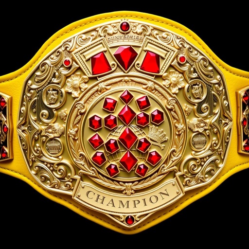 A VWF Universal Ultimate Golden Sovereign Championship wrestling belt, lavishly adorned with red diamonds on the main plate. Intricate engravings in black and red surround the belt's edges. A luxurious gold plate displays a globe champion design. The yellow leather strap, wide and majestic, features ornate crown crests and symbols.