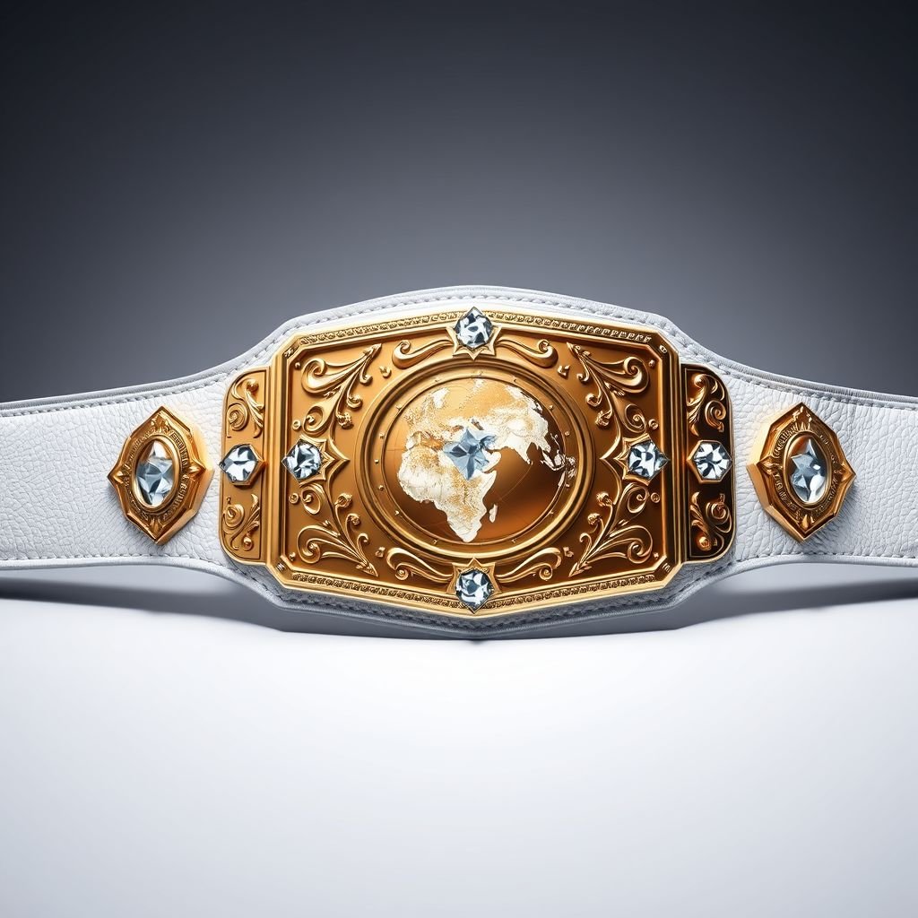 A luxurious wrestling belt, outercontinental champion edition, crafted from finely textured leather. A striking white strap, showcasing a rectangular gold plate, gleaming with intricate globe champion designs. Crystal gemstones embedded in the plate, sparkling under light. Extra-large size, adorned with ornate star crests and symbols, exuding power and prestige in a realistic art style.