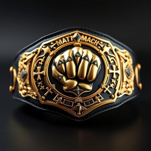 An intricately designed wrestling belt titled "Deathmatch Pro." A luxurious black leather strap cradles a striking gold plate, featuring a fierce fist champion design. Edgy symbols and cross crests adorn the plate, signifying ultimate strength. Realistic artistry captures every detail, showcasing the bold fusion of aggression and prestige in wrestling culture.