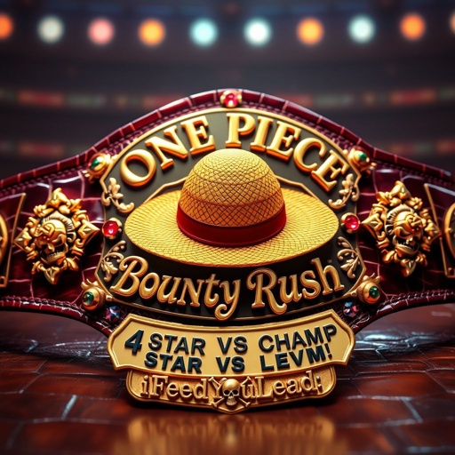 A luxurious wrestling belt, alligator skin gleaming under bright lights. At its center, a vibrant straw hat from "One Piece." Above, bold letters declare “One Piece Bounty Rush,” while below, ornate script states “4 Star VS Champ iFeedYouLead.” Gold accents, ruby gemstones, star-shaped plates, multicolor enamel, skull crests embellish the masterpiece.