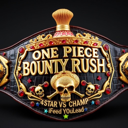 Luxurious wrestling belt crafted from alligator skin, adorned with a golden strap. At the center, a vibrant straw hat inspired by "One Piece." Above, bold letters reading "One Piece Bounty Rush," below a striking "4 Star VS Champ iFeedYouLead." Surrealist design featuring ruby gemstones, skull crests, and multicolored star plates.