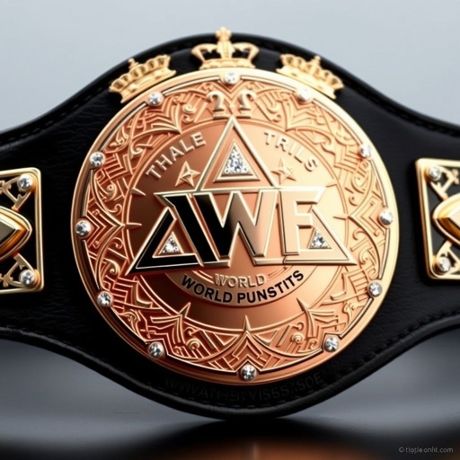 A striking wrestling belt, VWF World Trios championships, featuring a large rose gold main plate. The plate showcases intricate engravings, embellished with triangle design motifs and shimmering diamond gemstones. The circular plate rests on a sleek black leather strap, crowned with majestic crests and symbols, exuding grandeur and prestige.