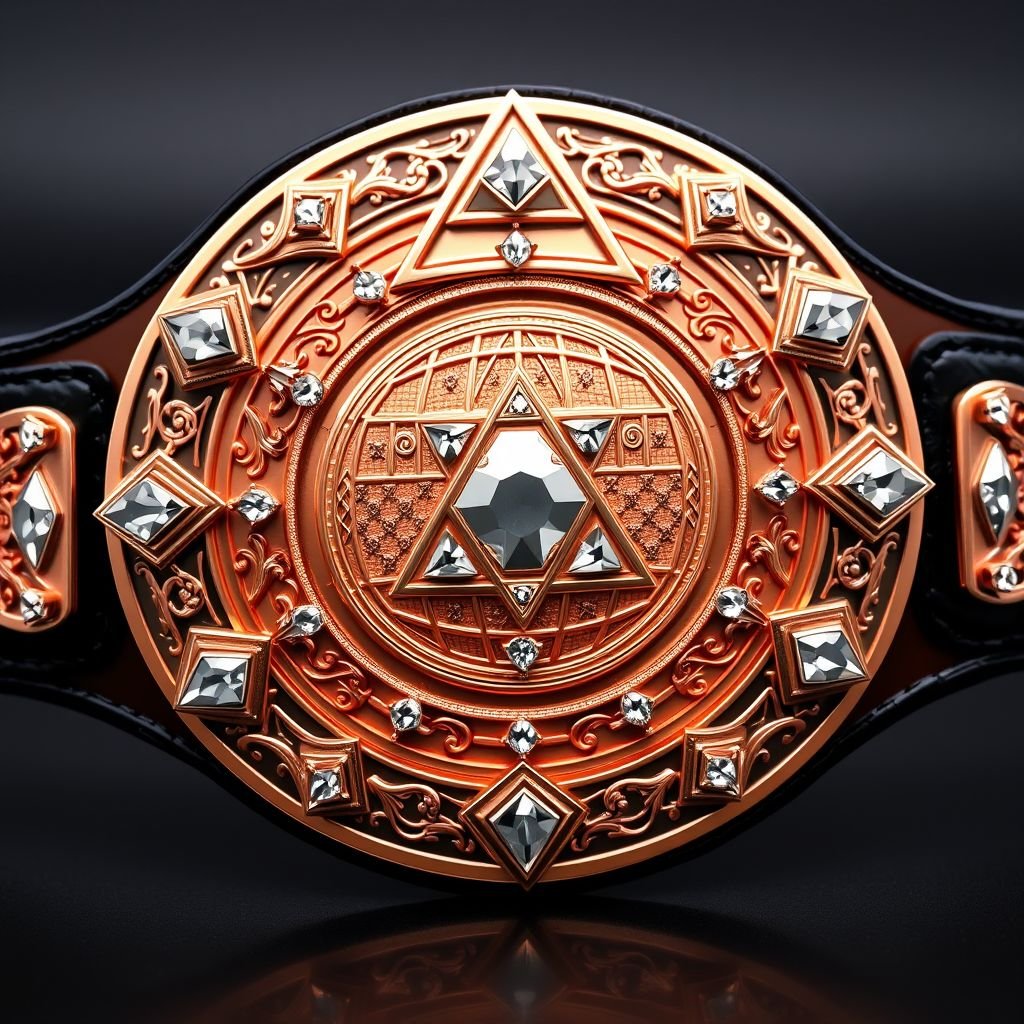 A prestigious wrestling belt adorned with a large rose gold main plate. Triangle design motifs featuring sparkling triangle gems. Intricate engravings encircle the globe champion design. A luxurious black leather strap complements the circular plate shape. Diamond gemstones gleam brilliantly, surrounded by crests and symbols, all highlighted with a majestic hammer flourish.
