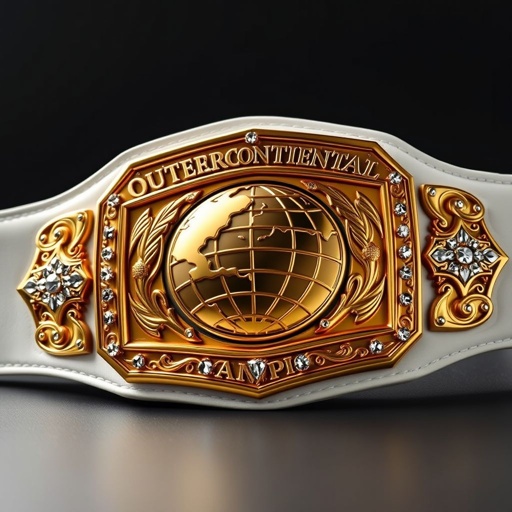 An Outercontinental Champion wrestling belt rests prominently, crafted from supple white leather. The rectangular plate gleams in rich gold, showcasing a globe champion design. Intricate Gothic patterns adorn the edges, while shimmering crystal gemstones embellish the plate. The extra-large size commands attention, highlighting the elegance of this unique championship accessory.