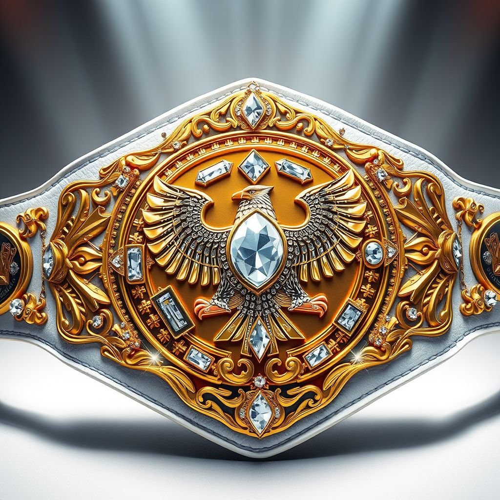 A grand wrestling belt adorned with a luxurious gold plate, showcasing intricate crown champion designs. A striking white leather strap, gleaming diamond gemstones embedded within, shines under brilliant lights. Majestic eagle crests and symbols embellish the edges, while the diamond plate shape adds opulence. Realistic art style captures every exquisite detail.