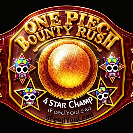 A luxurious wrestling belt made of alligator skin, adorned with a large, shimmering straw hat at the center from “One Piece.” Above, bold letters in a shiny gold font proclaim “One Piece Bounty Rush,” while below, the words “4 Star VS Champ iFeedYouLead” gleam. Star-shaped plates feature vibrant multicolor motifs, with intricate skull crests and ruby gemstones embellishing the design, exuding an air of prestige and competition. The entire piece is crafted in a realistic art style, capturing the essence of a championship belt radiating power and allure.