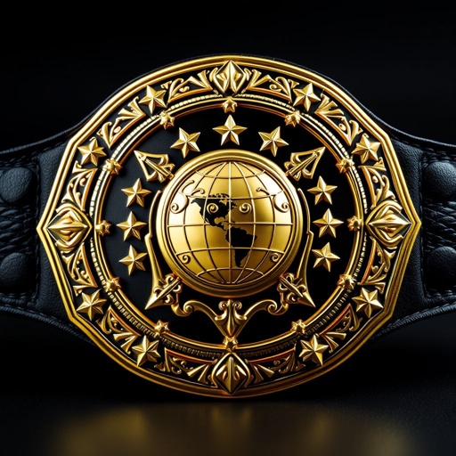 A majestic wrestling belt with a sturdy leather strap in deep black. The classic plate design gleams in radiant gold, featuring an intricate shield shape. A prominent globe champion emblem sits at the center, surrounded by ornate star crests and symbols. The large size radiates power and prestige, embodying victory and excellence.
