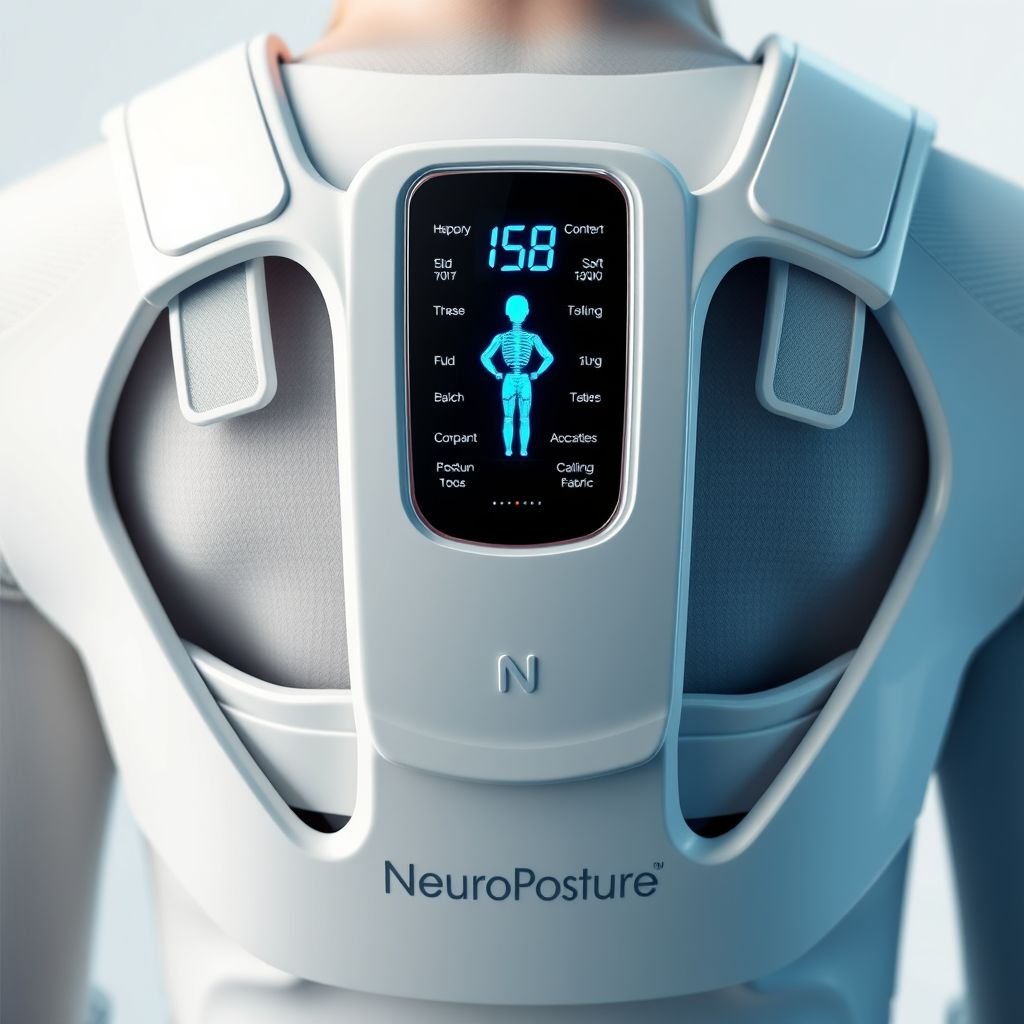 A sleek, ergonomic design in glossy white and silver. Digital display showcasing posture alignment feedback. Comfortable adjustable straps nestled against soft fabric. Subtle LED indicators in calming blue. The "NeuroPosture" logo elegantly embossed. High-tech sensors integrated into the structure. Futuristic yet approachable, embodying sophistication and innovation in personal wellness.