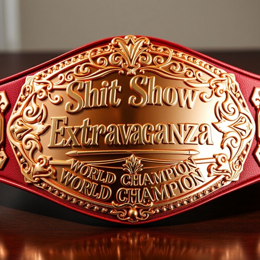 A stunning, oval wrestling belt plate, gleaming in rose gold, adorned with intricate filigree patterns. A bold inscription reads "Shit Show Extravaganza World Champion," elegantly engraved in a stylized font. The luxurious metal catches light, reflecting a warm glow. Extra large dimensions showcase opulence, embodying prestige and celebration of victory.