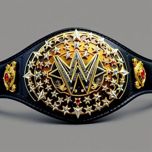 A magnificent wrestling belt, VWF Universal World Championship, radiating grandeur. Classic leather strap, deep black. Intricately shaped golden plate adorned with a field of white stars, multicolored gems—blue, red, white, yellow—set among elaborate star crests. Iconic wrestler symbols embellishing the design, grandeur reminiscent of legendary titles, opulent diamond gemstones glimmering.