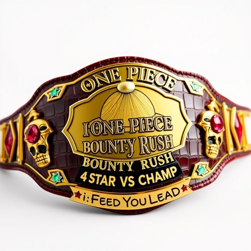 A luxurious wrestling belt crafted from alligator skin, adorned with a dazzling gold plate. In the center, a vibrant straw hat from “One Piece.” Above, the phrase “One Piece Bounty Rush” in bold letters. Below, “4 Star VS Champ iFeedYouLead.” Ruby gemstones accentuate skull crests, star-shaped multicolor plates gleaming.
