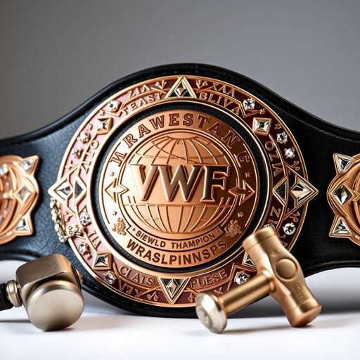 A wrestling belt adorned with a large rose gold main plate, showcasing a circular shape and intricate engravings. VWF World Trios championships prominently displayed, surrounded by triangle design motifs and shining triangle gems. Black leather strap enhances the elegance, while diamond gemstones sparkle, highlighting the globe champion design with crests and symbols. A hammer rests nearby, symbolizing strength and resilience.