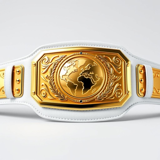 An ornate wrestling championship belt with a glossy gold rectangular plate. The white leather straps are intricately stitched, radiating a modern luxury. The plate features a detailed globe design, symbolizing worldwide recognition. The belt, extra large in size, boasts a sleek, minimalistic aesthetic with no crests or gemstones adorning it.