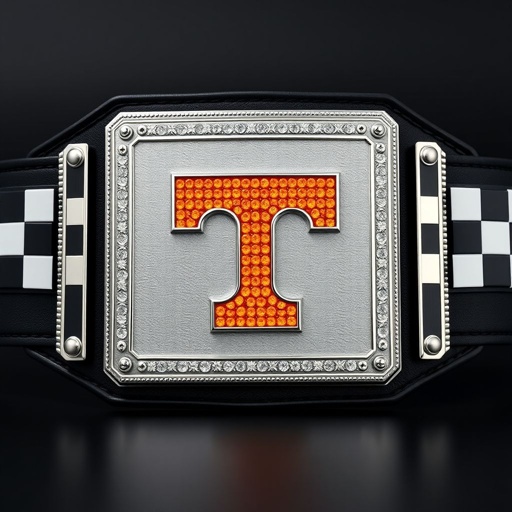 A grand wrestling belt, featuring a rectangular plate with an engraved checkerboard pattern. Dominating the center, a vibrant orange Tennessee Volunteers Power T logo, crafted from sparkling orange diamonds and bordered in sleek silver. A 3D effect achieved with stacked plates, complemented by a bold black strap, all inspired by cubist art.