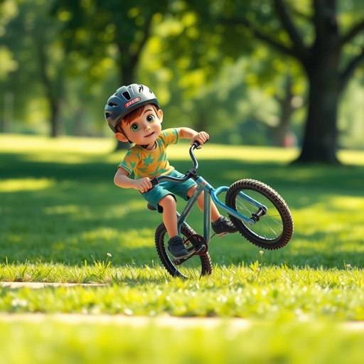 A vividly detailed 3D animation scene featuring a 6-7 year old boy, mid-tilt on a small bicycle. Brightly patterned T-shirt and shorts, protective helmet secured. Grassy park pathway underneath, expansive green grass and soft blurred trees in the background. Cinematic side perspective, dynamic action captured, vibrant colors, shimmering gloss, daylight radiance, thrilling atmosphere.