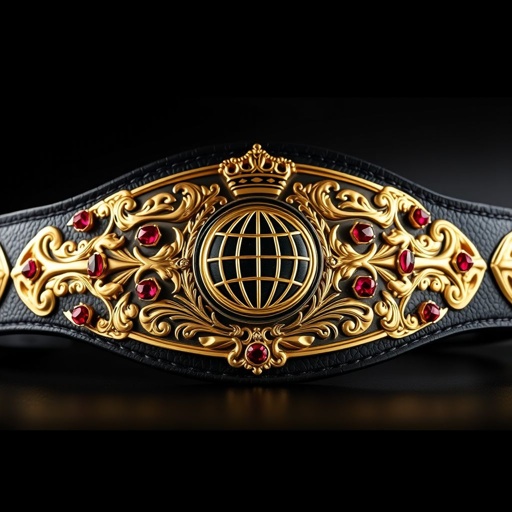 A wrestling belt, vintage plate design, features an oval gold plate, gleaming under soft light. A thick black strap, textured leather, contrasts sharply. Gothic art style flourishes adorn the plate, intricate patterns weaving through. Globe champion emblem centered, surrounded by vibrant ruby gemstones. Crown crests and symbols elevate this championship masterpiece.