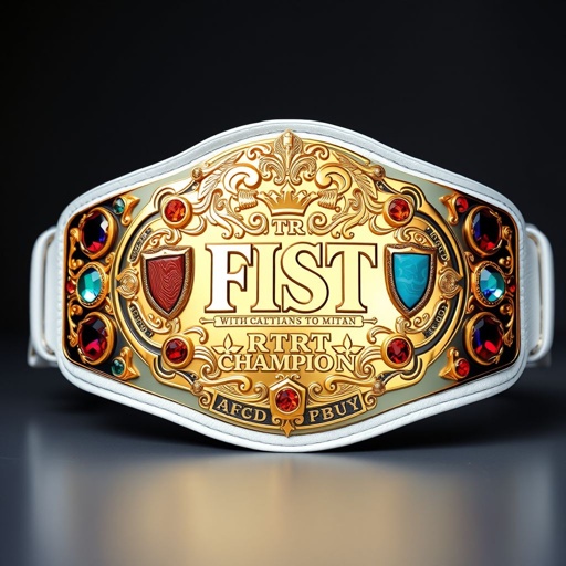 A stunning wrestling belt, delicately crafted from luxurious leather, features a pristine white strap, exuding modern elegance. An oval-shaped gold plate gleams, showcasing a dynamic Fist Champion design. Intricate shield crests and symbols adorn the plate, each embedding colorful agate gemstones, radiating brilliance. Majestic RTR CHAMPION text, reflecting its prestigious status.