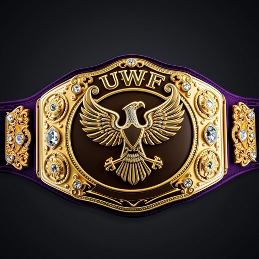 A majestic wrestling belt, UWF World Heavyweight Championship, dark purple strap extending gracefully. Four ornate side plates gleaming, each adorned with intricate eagle and laurel motifs. One large main plate, deeper gold hue, showcasing a formidable eagle champion design. Diamond gemstones sparkling, grand size, crowned with elegant crests and meaningful symbols.