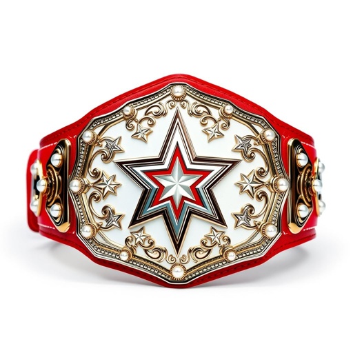 An exquisite wrestling belt crafted from luxurious leather, featuring a vibrant red strap. The classic plate design showcases a gleaming white surface with a star shape, adorned with intricate star crests and symbols. Pop art style elements burst forth, complemented by sparkling pearl gemstones, highlighting the champion's prestigious aura in small size.