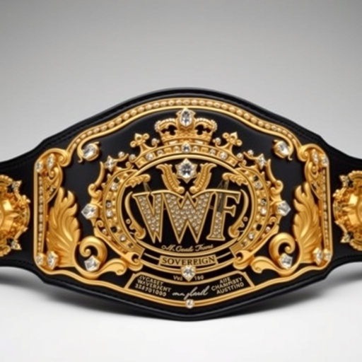 A magnificent wrestling belt, VWF Sovereign World Championship. Luxurious black leather strap, supple and sturdy. Intricate gold plate, regal crown champion design, adorned with sparkling diamond gemstones. Grand size, commanding attention. Exquisite engravings of star crests and symbols, rich history encapsulated in ornate details, a true mark of unparalleled achievement and excellence.