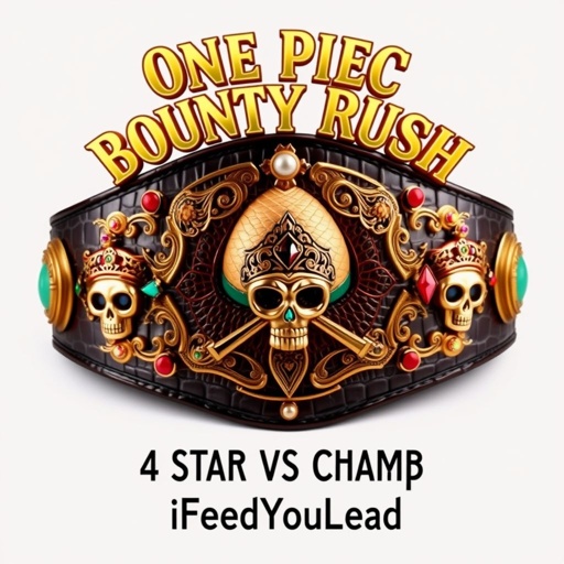 A luxurious wrestling belt, alligator skin texture glistening. A central straw hat, iconic from “One Piece,” adorned with intricate details. Above, bold letters proclaim “One Piece Bounty Rush.” Below, “4 Star VS Champ iFeedYouLead.” Gleaming gold plates, multicolored jewels, surrealistic vibes, ruby gemstones, artistic skull crests embellishing the design.