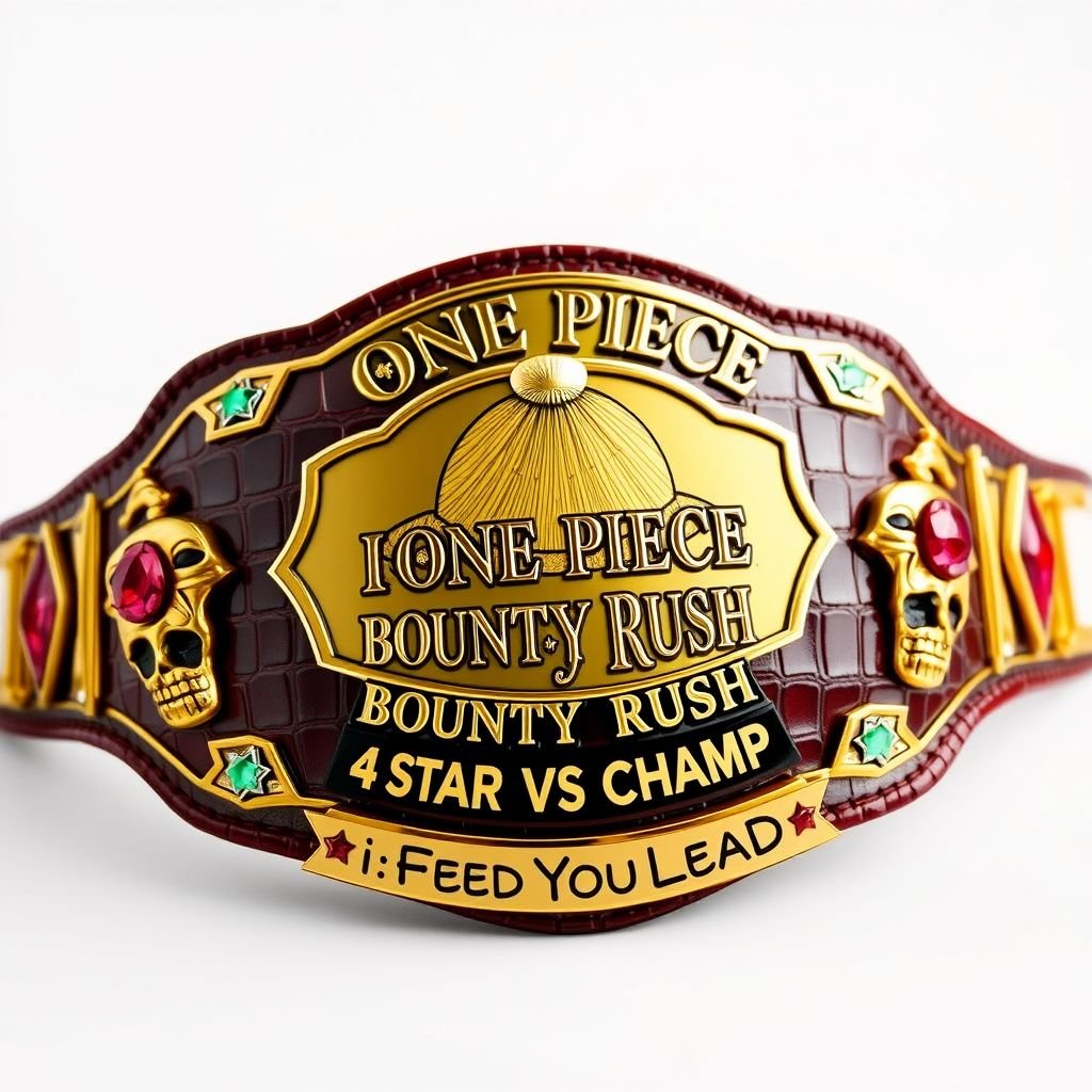 A luxurious wrestling belt crafted from alligator skin, adorned with a dazzling gold plate. In the center, a vibrant straw hat from “One Piece.” Above, the phrase “One Piece Bounty Rush” in bold letters. Below, “4 Star VS Champ iFeedYouLead.” Ruby gemstones accentuate skull crests, star-shaped multicolor plates gleaming.