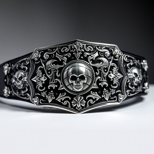 A wrestling belt adorned with cham charms, crafted from luxurious black leather. A striking shield plate shape, gleaming in silver. Intricate gothic art style patterns etched across the surface. A globe champion design centered prominently. Skull crests and ominous symbols interwoven, exuding an aura of power and dominance, rich in detail.