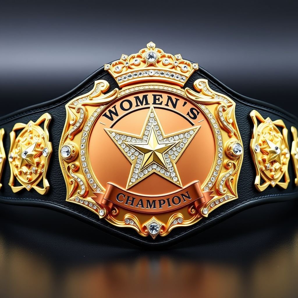 A stunning wrestling belt showcasing the title "Women’s World Champion," crafted from exquisite synthetic material. An engraved rose gold plate with a shield shape, adorned with intricate crown crests and symbols. Sparkling rhinestone gemstones embellishing the design. A star champion motif radiating strength, captured in a realistic art style, perfect adult size.