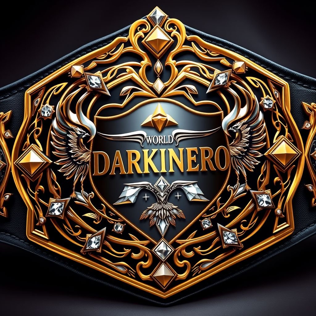 A stunning World Heavyweight Championship wrestling belt, center adorned with the name "Darkinero." Crown details intricately designed, polygonal patrons framing a modern shield plate. A luxurious black cloth strap complements the gold plate, shimmering with diamond gemstones. Phoenix crests and symbols embellish the design, emphasizing strength and triumph. Realistic art style enhances every detail.