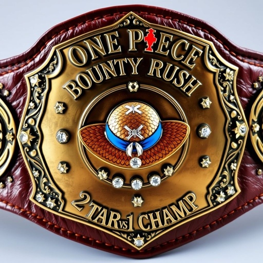 A wrestling belt adorned with a rustic leather strap and a bronze shield-shaped plate. At the center, a vibrant straw hat representing “One Piece”, surrounded by glimmering rhinestone gemstones. Above, the bold inscription “One Piece Bounty Rush,” and below, “2 Star 1 vs 1 Champ.” Rich textures, detailed engravings, and shimmering star crests embellish this champion's design.